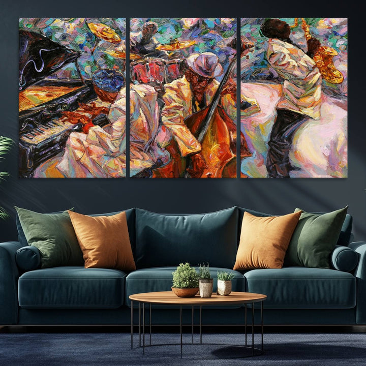 The wall features an African American Jazz Art Music Abstract Painting on Canvas.