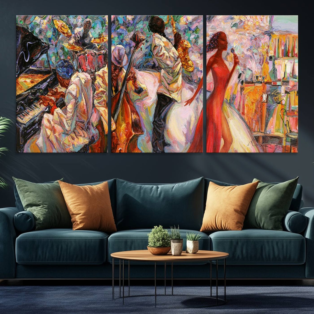 The Abstract Afro American Jazz Canvas captures a vibrant jazz band and showcases a woman dancing in red, making it perfect for dining or music spaces.