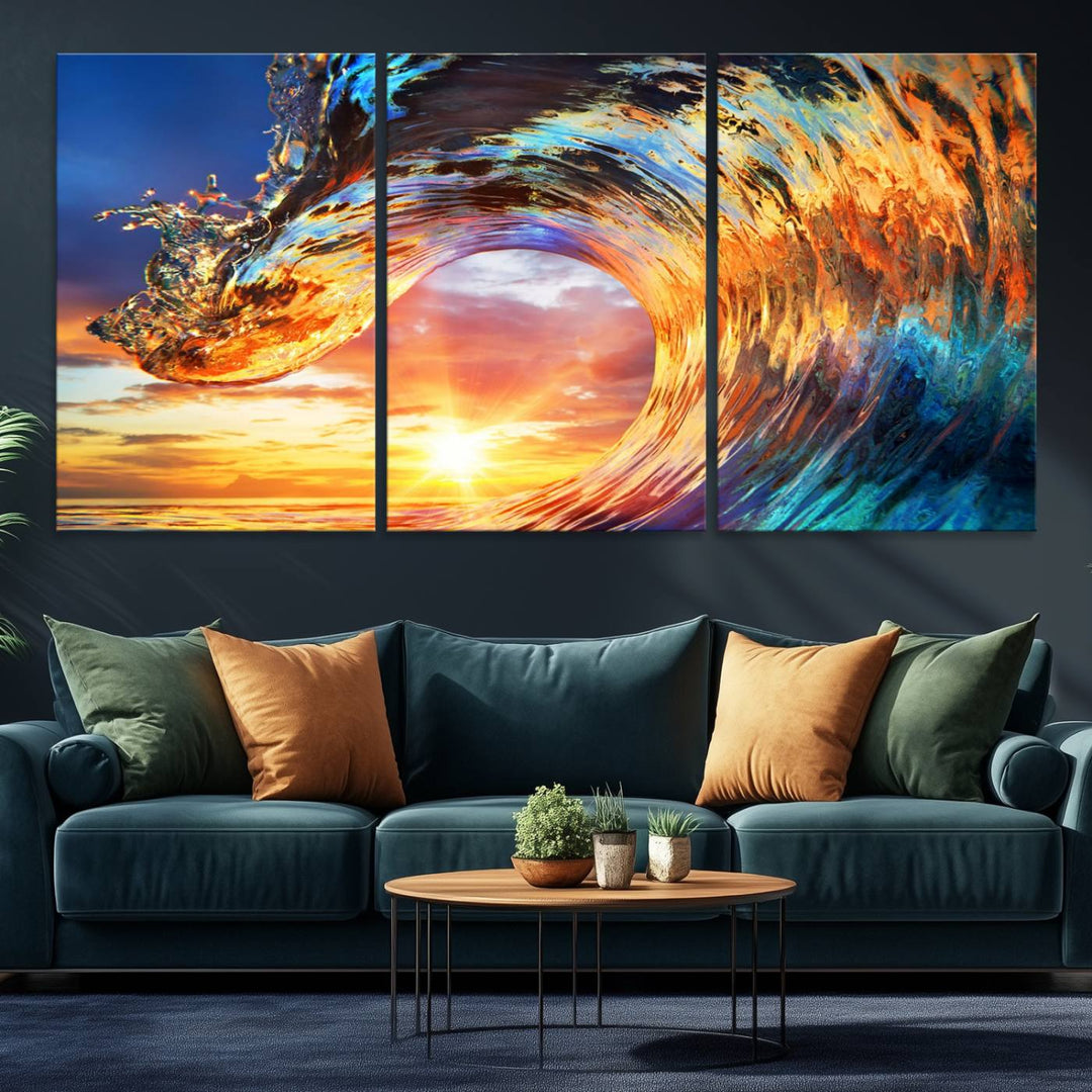 Wave Canvas Wall Art: A multi-panel sunset ocean scene that adds vibrant decor to any space.