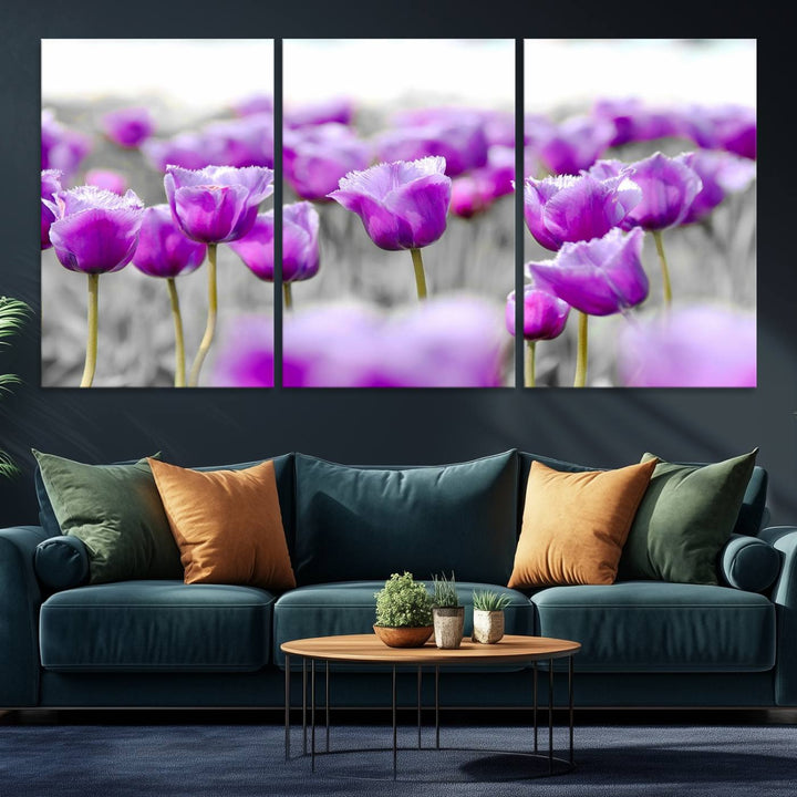 A gallery-wrapped Tulip Fields canvas wall art in a vivid purple hue.