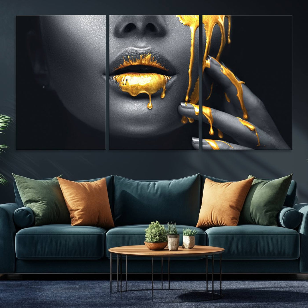 Above the dining area is the Gold Glitter Lips Fashion Makeup canvas wall art.