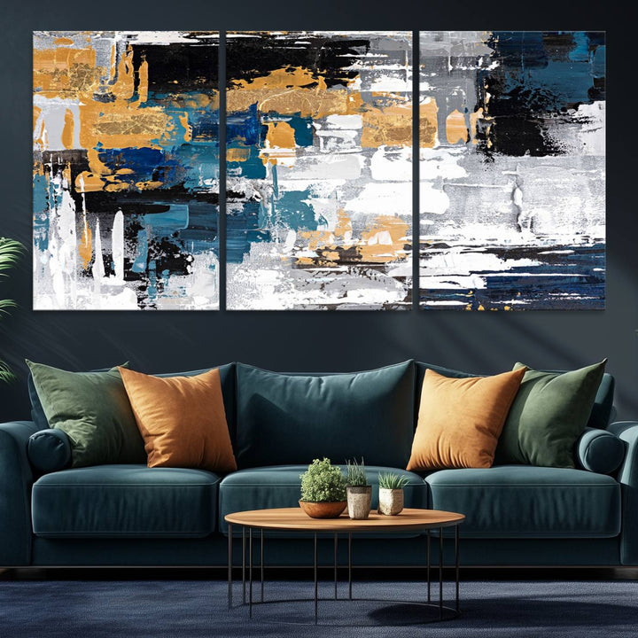 Blue and Gold Abstract Canvas Wall Art hangs prominently.