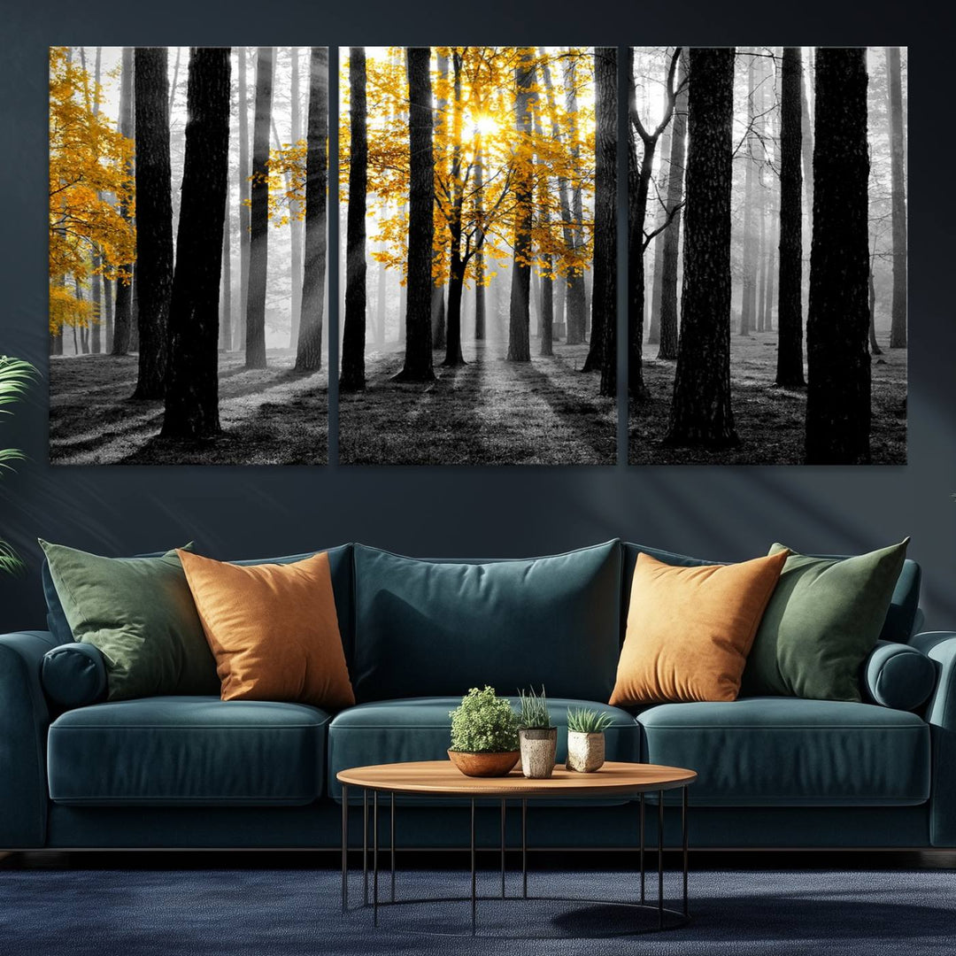 Nature Misty Foggy Autumn Forest Wall Art Print displayed above a modern dining room.