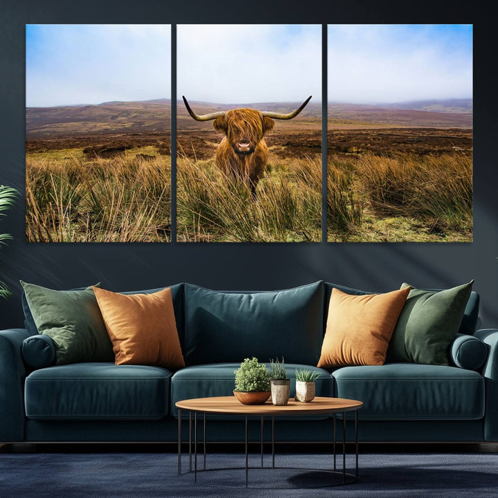 A Scottish Highland Cow art print canvas with UV-protection adorns the wall, preserving vivid details.