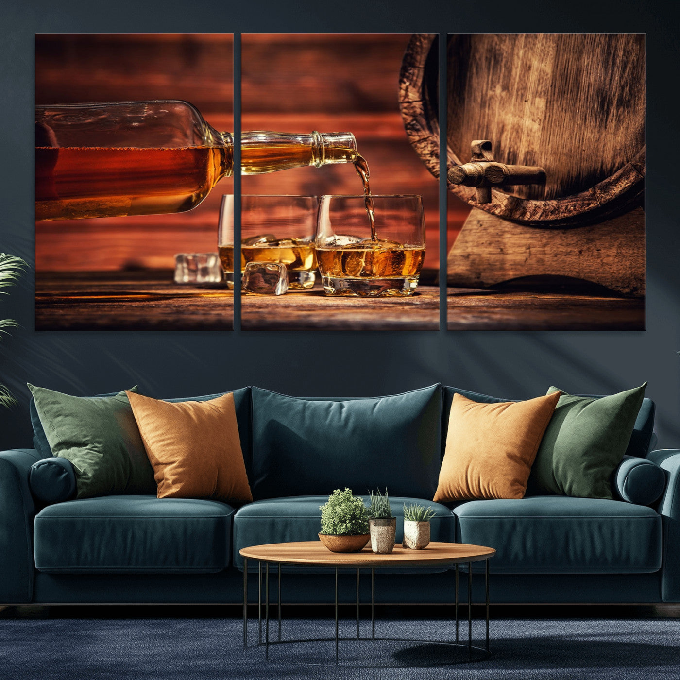 MGV-CV-60X30-3P - Whiskey and Cigar Canvas Wall Art | 3 Panel Bar Room Decor for Home Lounge, Office, or Man Cave |