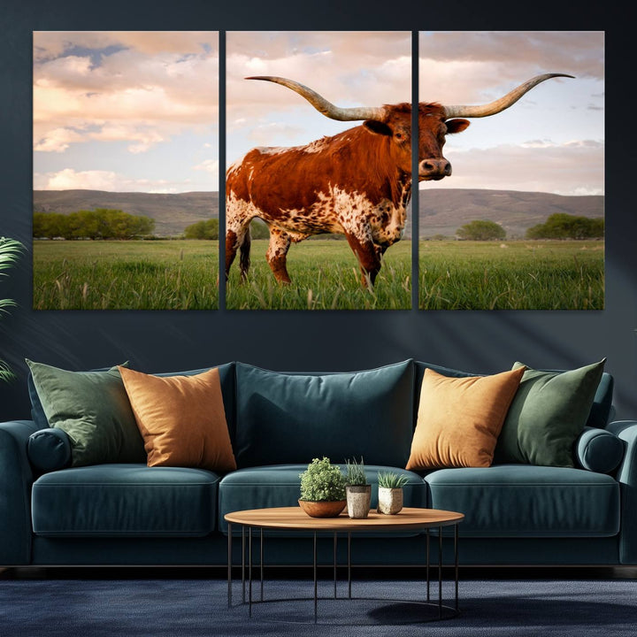 The Texas Cow Canvas Wall Art print captures a longhorn cow at sunset and is ready to hang.