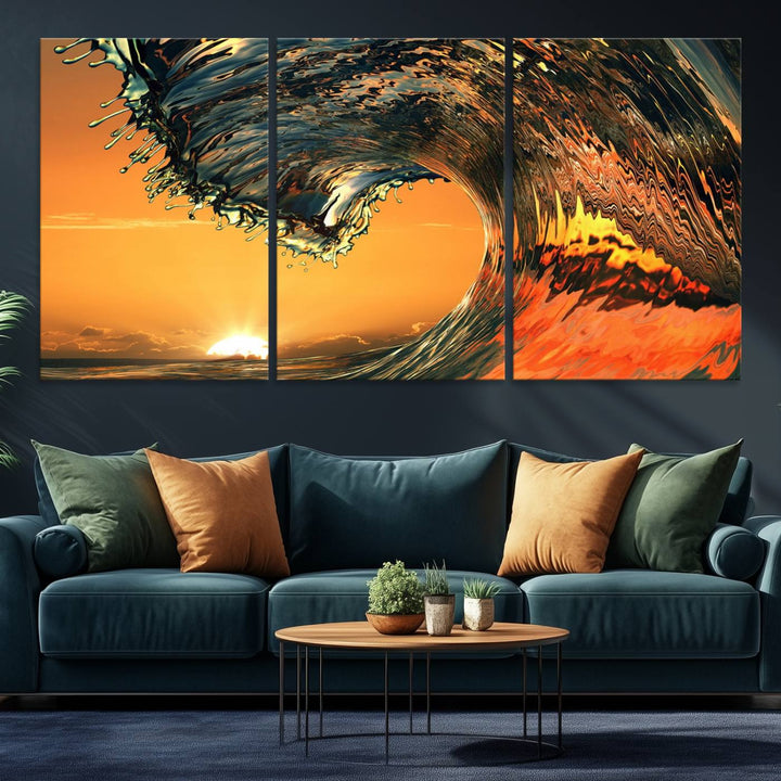 The Ocean Wave With Perfect Sunset canvas wall art adds a striking focal point to the room.