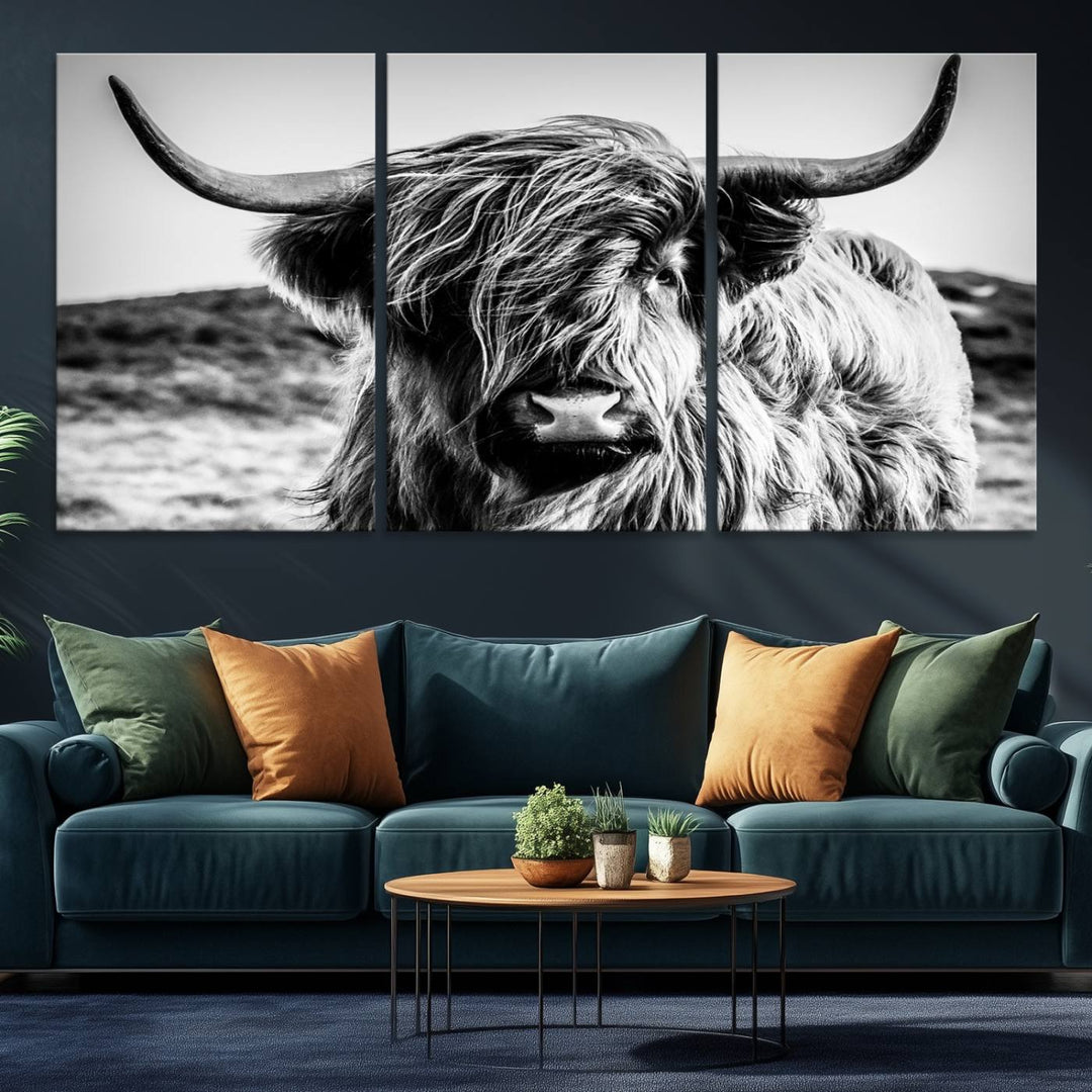 A Black and White Scottish Cow Canvas Print adorns the kitchen wall, perfect for farmhouse decor.