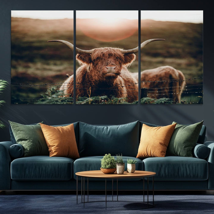 A Highland Cow Animal Canvas Wall Art, featuring a grassy field, is displayed on the wall.