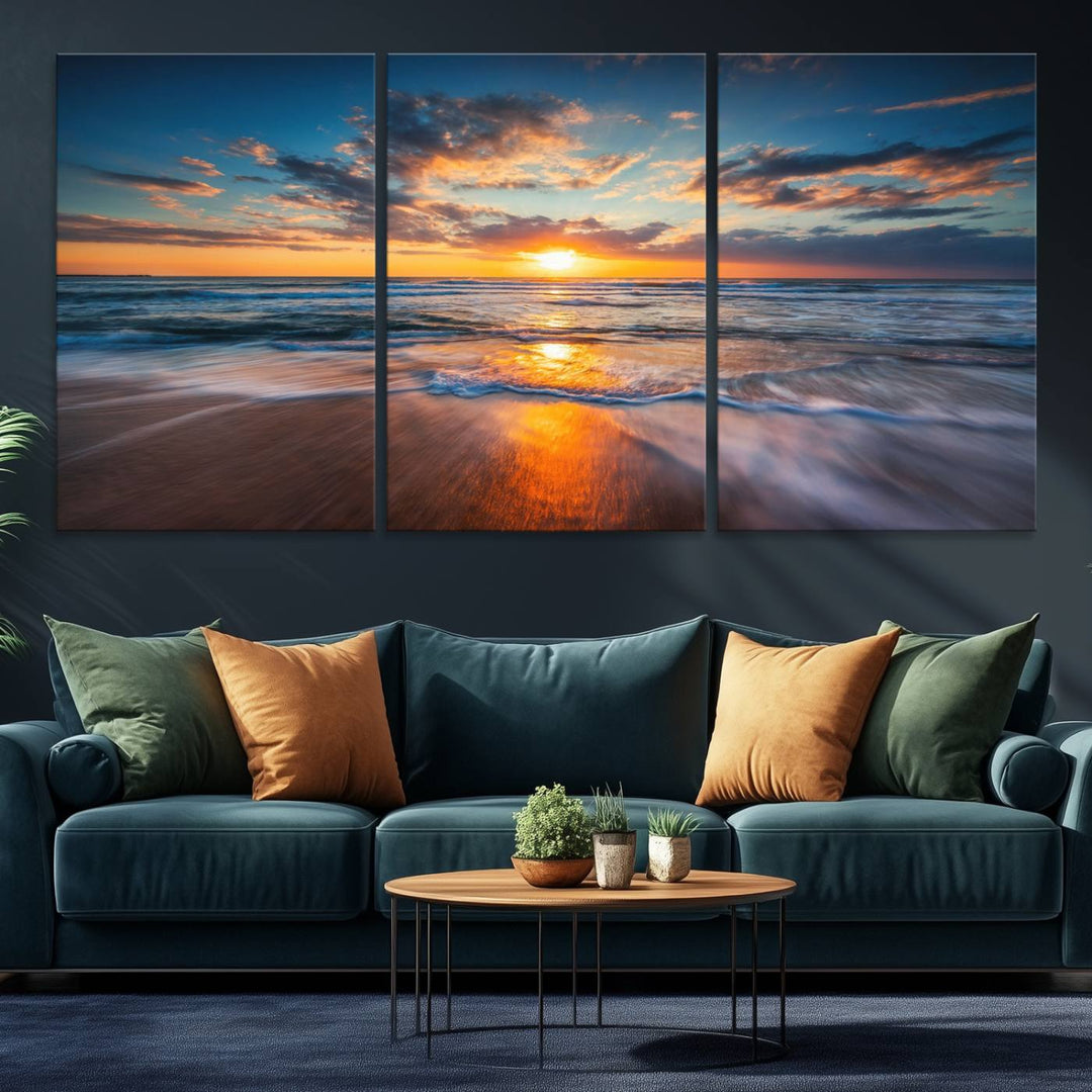 A museum-quality Beautiful Sunset over the Horizon canvas adorns the living room wall.