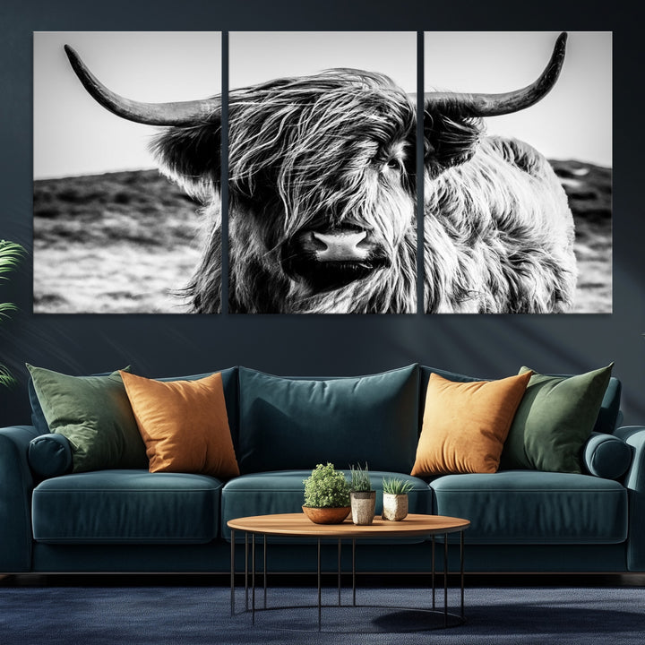 Highland Cow Wall Art | 3-Panel Black and White Highland Cow Canvas Print for Western Farmhouse Decor