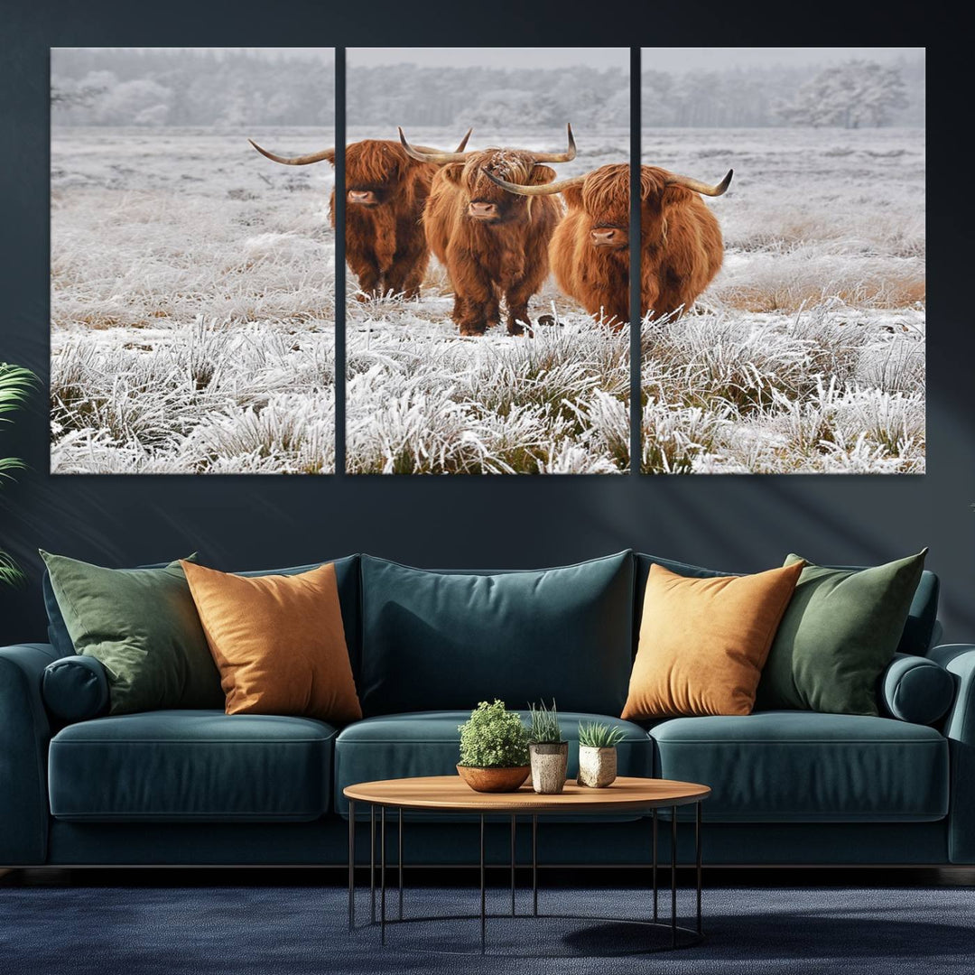 The Highland Cows in Snow canvas showcases three cattle in a frosty field.