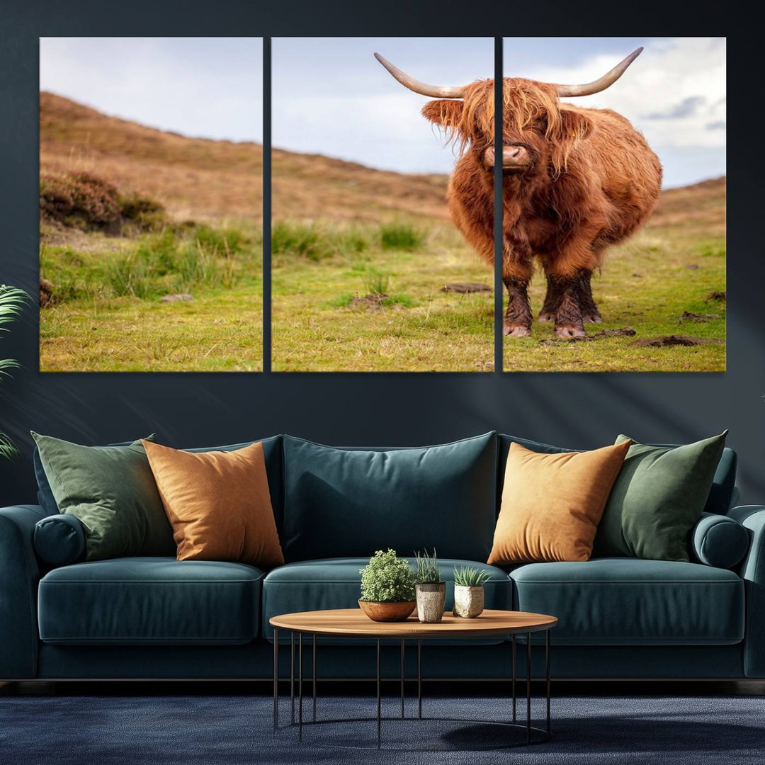 A Highland Cow Animal Canvas Wall Art hangs on the wall, adding warmth to the room.