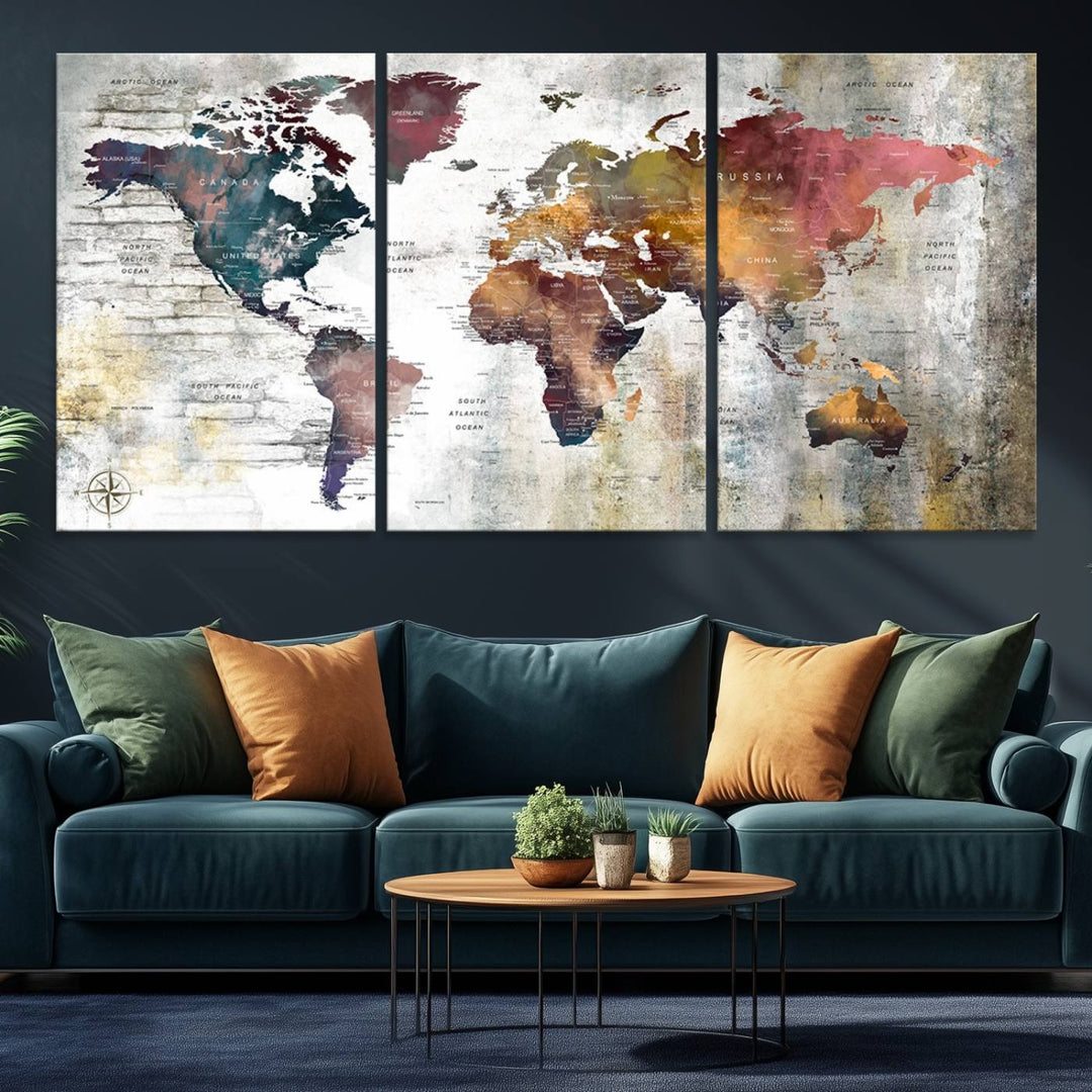 The World Map Wall Art Triptych: a 3-panel canvas featuring a vintage map.