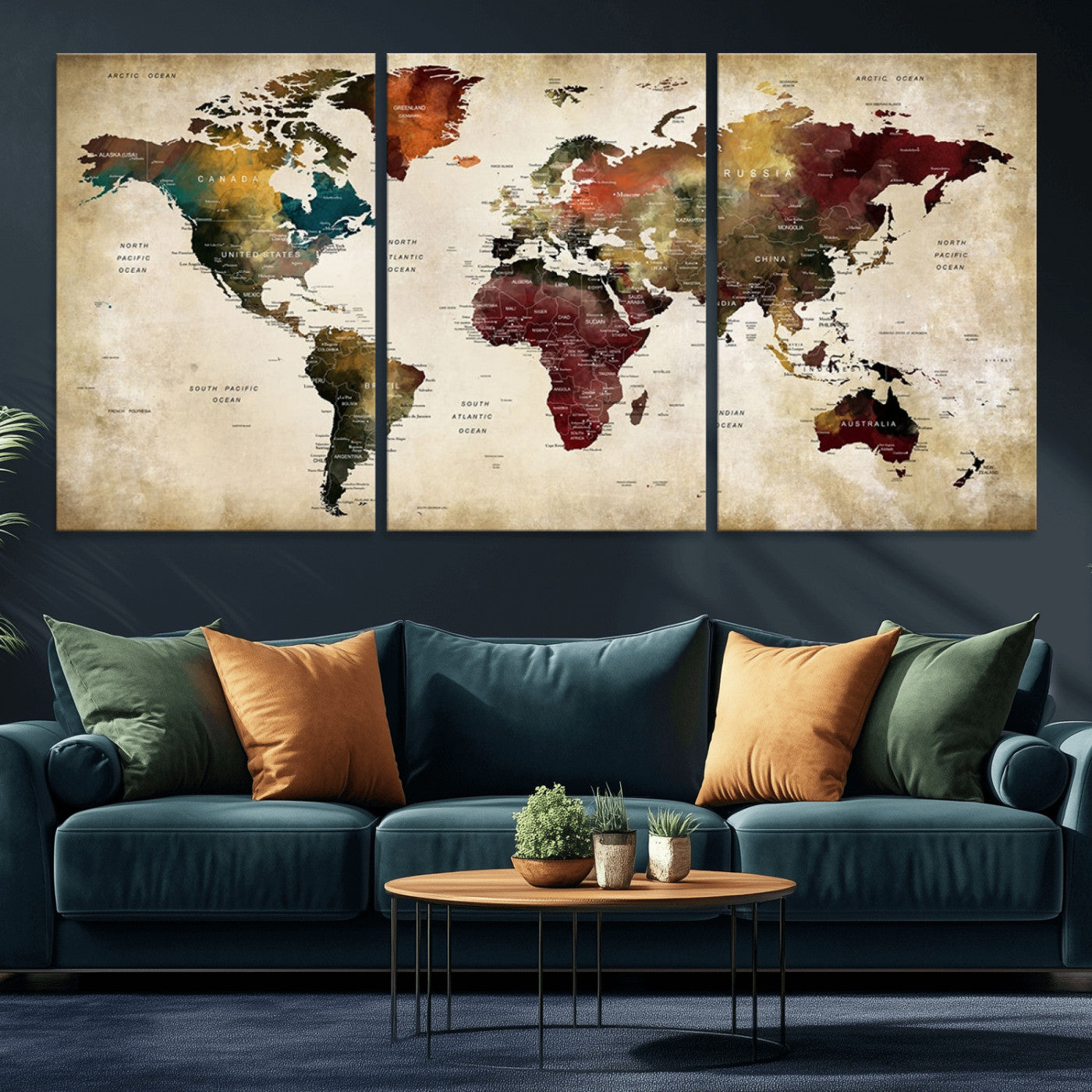 MGV-CV-60X30-3P - Large World Map Wall Art Canvas Print, Framed Push Pin Map Art Picture Print, Abstract Traveller Map Perfect Modern Decor Artwork