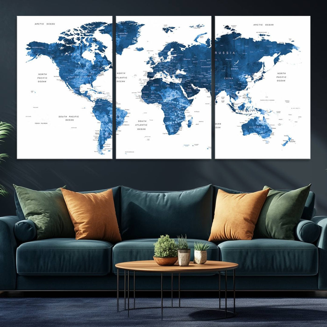 Navy Blue Wall Art World Map Canvas Print, an ideal piece for anyone seeking unique home or office decor.