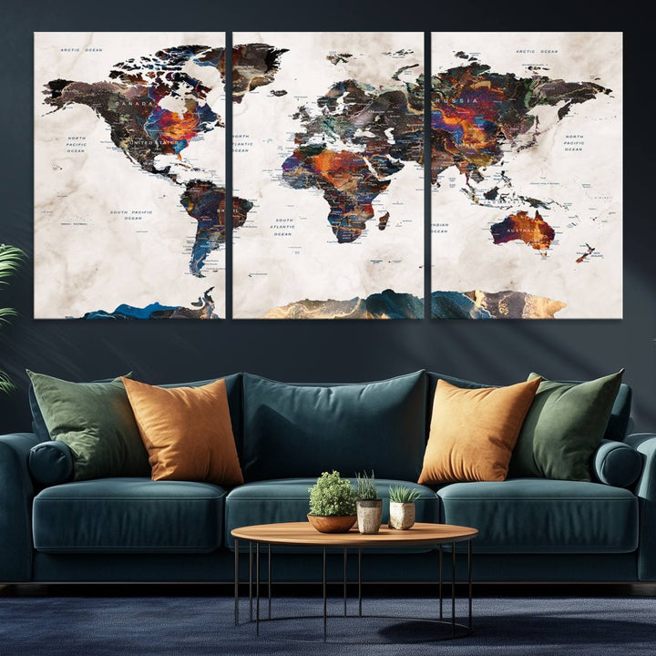 Watercolor World Map Canvas Print in earthy hues with a grunge background, ideal for wall decor.