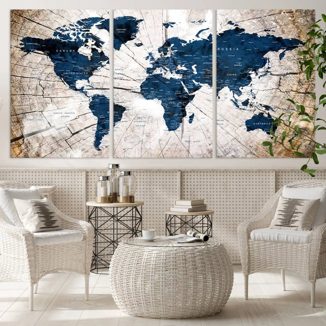 The living room exudes style with the Blue World Map Canvas Wall Art, a rustic-style triptych that's prominently displayed on the wall. This global decor piece adds an elegant touch to the space.