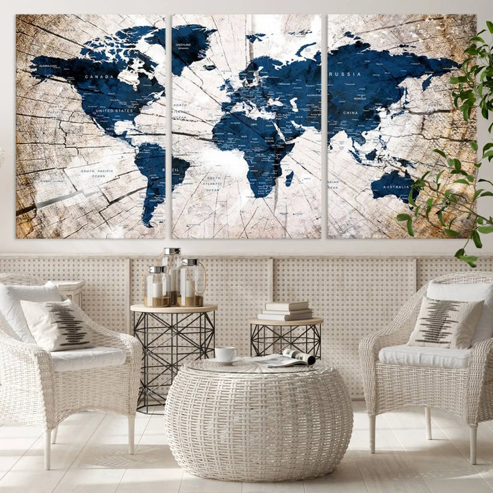 The living room exudes style with the Blue World Map Canvas Wall Art, a rustic-style triptych that's prominently displayed on the wall. This global decor piece adds an elegant touch to the space.