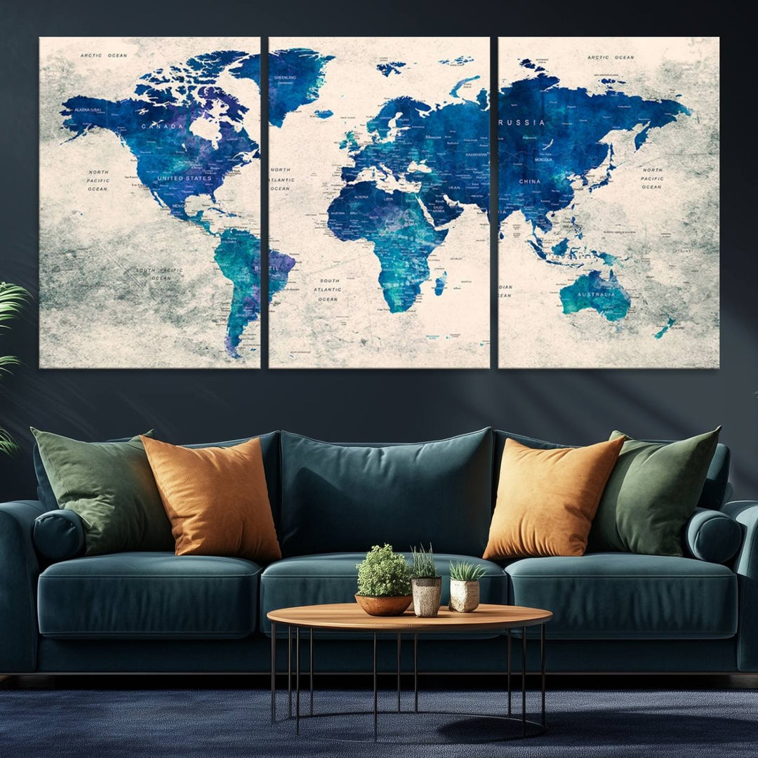 Navy Blue Push Pin World Map Canvas Print featuring a grunge-stained background, with labeled countries and oceans.