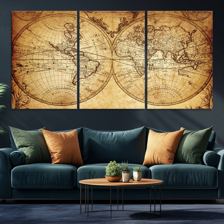 Vintage World Map Wall Art | 3-Panel Canvas Print for Living Room, Office, or Study | Giclee Canvas with Antique Design