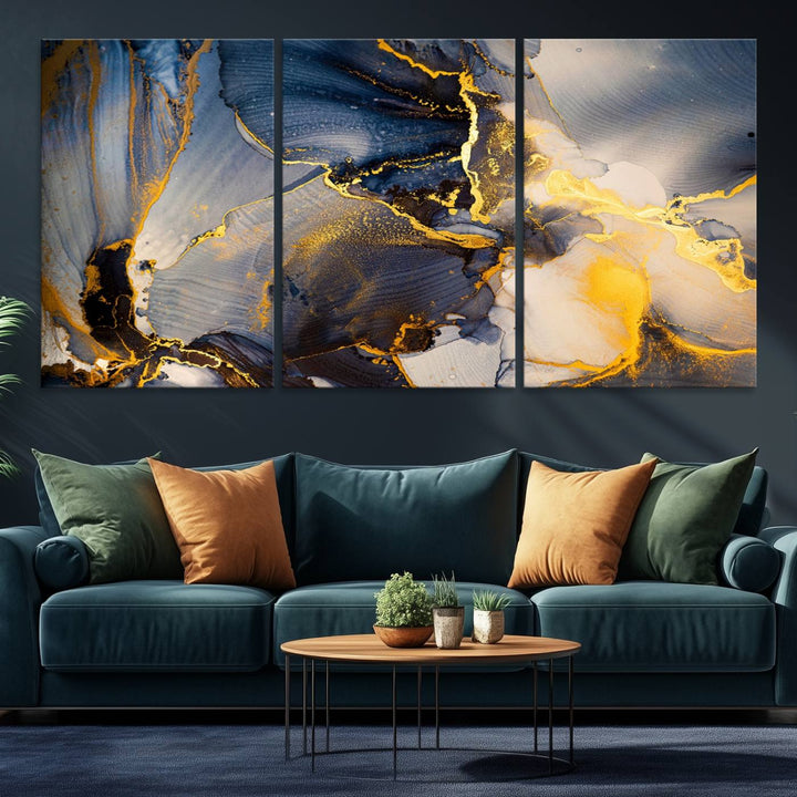 Large Abstract Wall Art Print - Gold and Blue Abstract Canvas Wall Art | Fluid Ink Modern Luxury Wall Decor for Living Room Decor