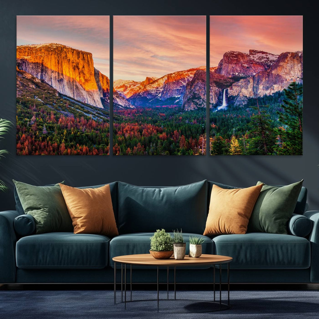 An El Capitan Yosemite Canvas showcasing a sunset over a mountain valley.