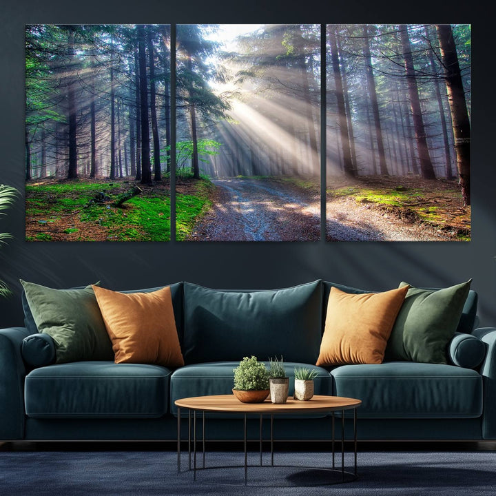 The dining area features a 3-panel Forest Path Canvas showcasing sun rays filtering through a misty forest.