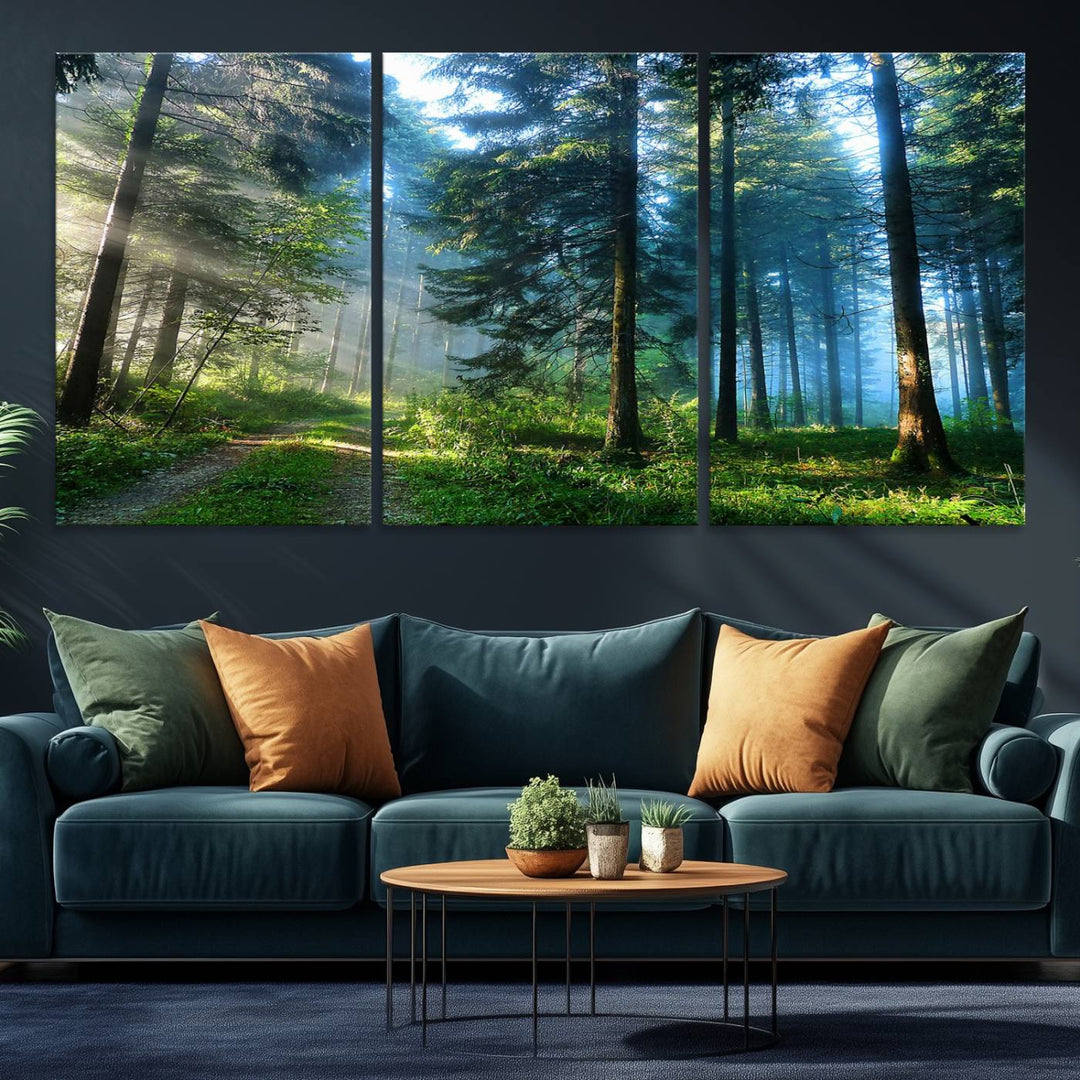 Enhancing the space is the Forest Sun Shine wall art canvas print, showcasing a serene forest scene.