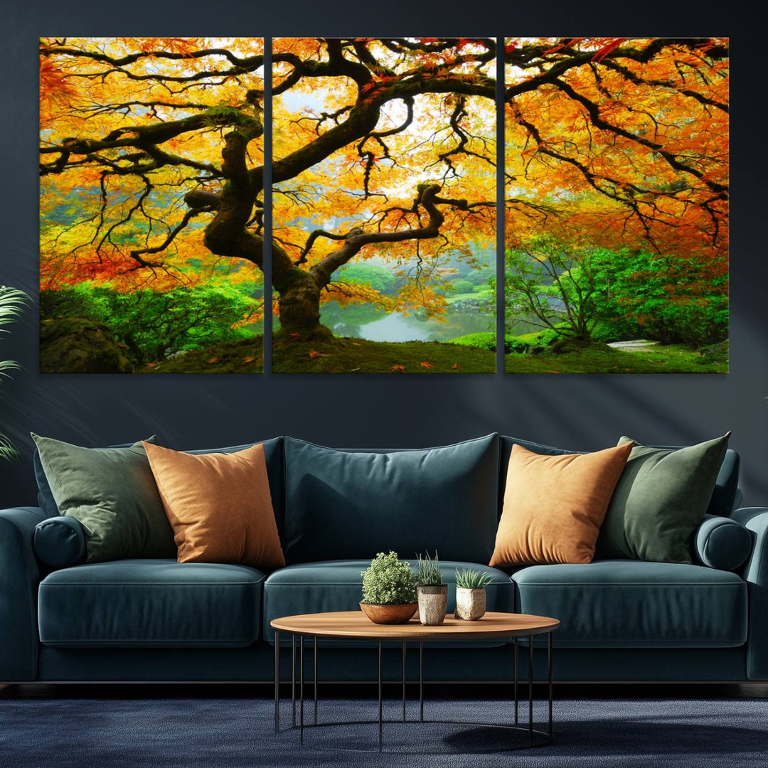 The Portland Japanese Maple Tree Canvas adds elegance to a modern living room.