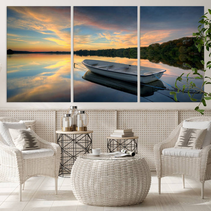 Serene Rowboat on Calm Lake Triptych Canvas Art, Giclee Wall Art of Peaceful Sunset Reflections, Tranquil Landscape Wall Art for Home or Office