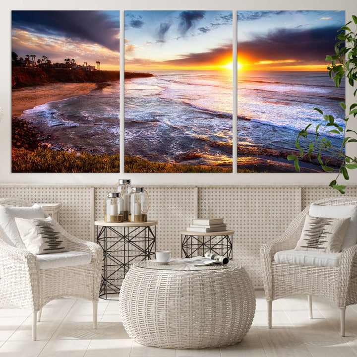 California Coastline Sunset Canvas Art, Ocean Waves Crashing on Cliffs, Giclee Canvas Print for Beach House Decor