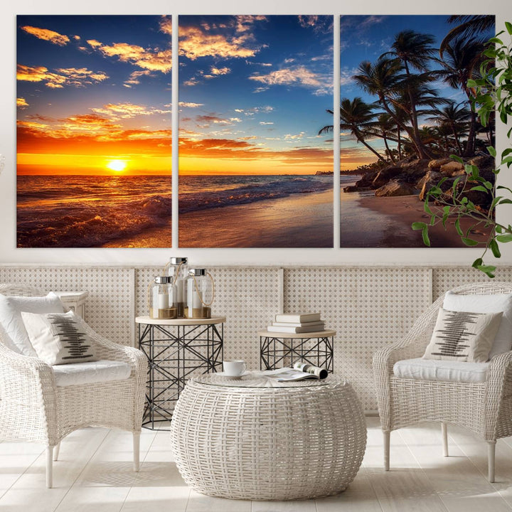 Tropical Beach Sunset Canvas Art, Palm Trees and Ocean Waves Wall Art, Giclee Print for Coastal Home Decor