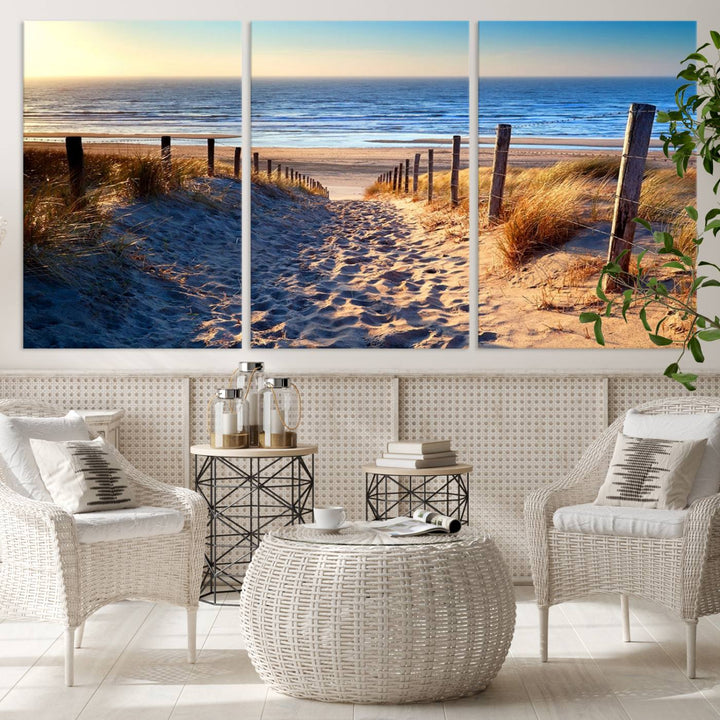 Tropical Beach Sunset Canvas Art, Ocean Waves and Sandy Shoreline Wall Art, Large Beach Decor for Coastal Homes