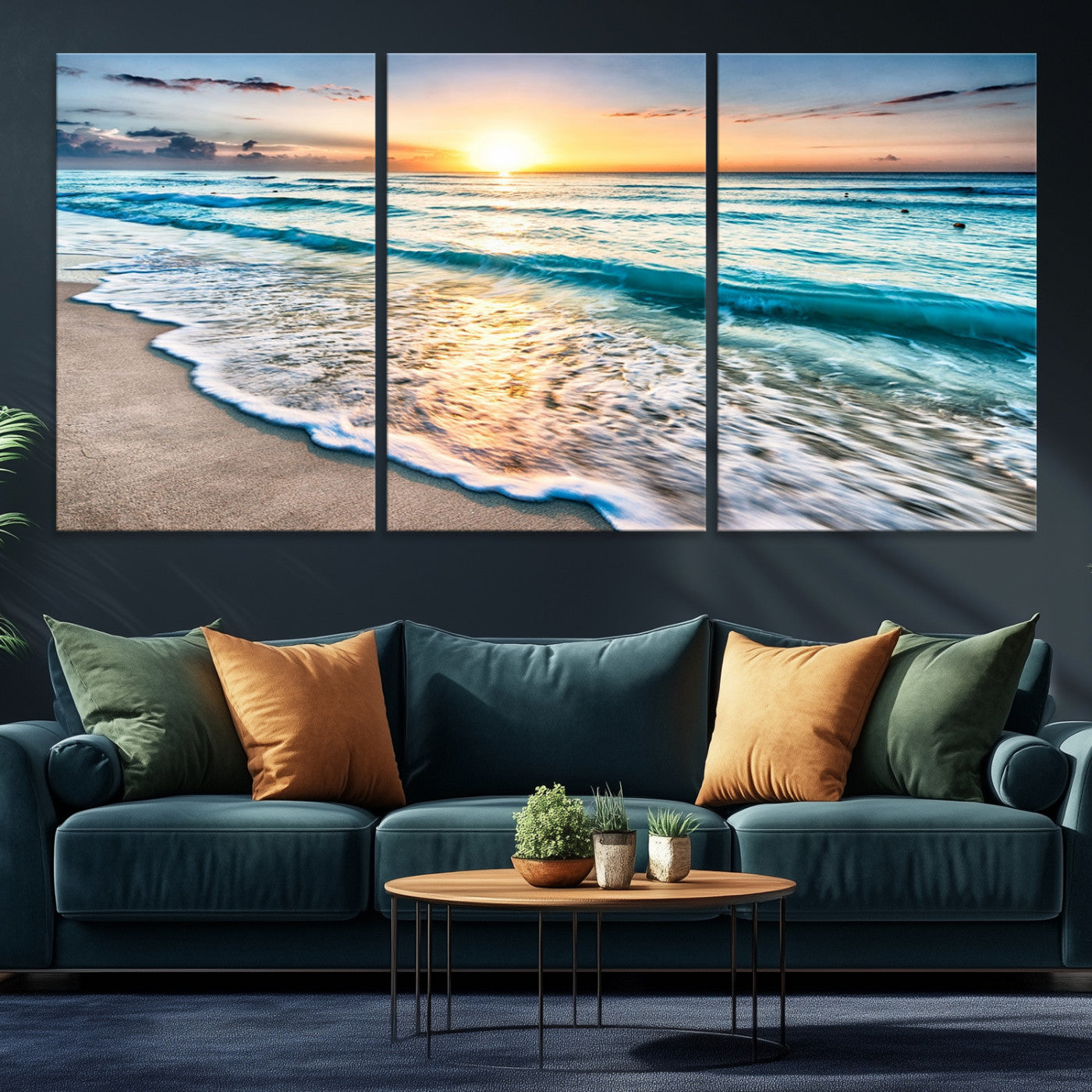 27815-MGV-CV-36X24-Sunset Beach Waves Canvas Wall Art – 5-Panel Ocean Sunset Print – Coastal Decor for Living Room or Bedroom – Ready to Hang
