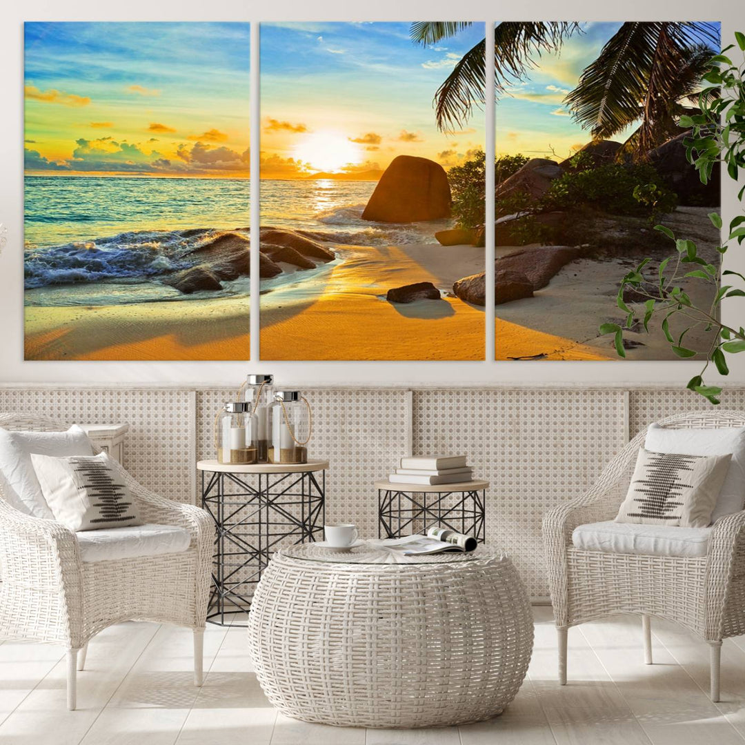 Serene Tropical Beach Sunset Canvas Wall Art, 3-Panel Giclee Print with Palm Trees and Coastal Rock Formation, Large Beach Decor for Home