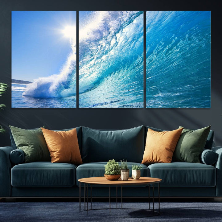 The Blue Big Wave Surfing Ocean Canvas adds a coastal vibe to a wooden wall.