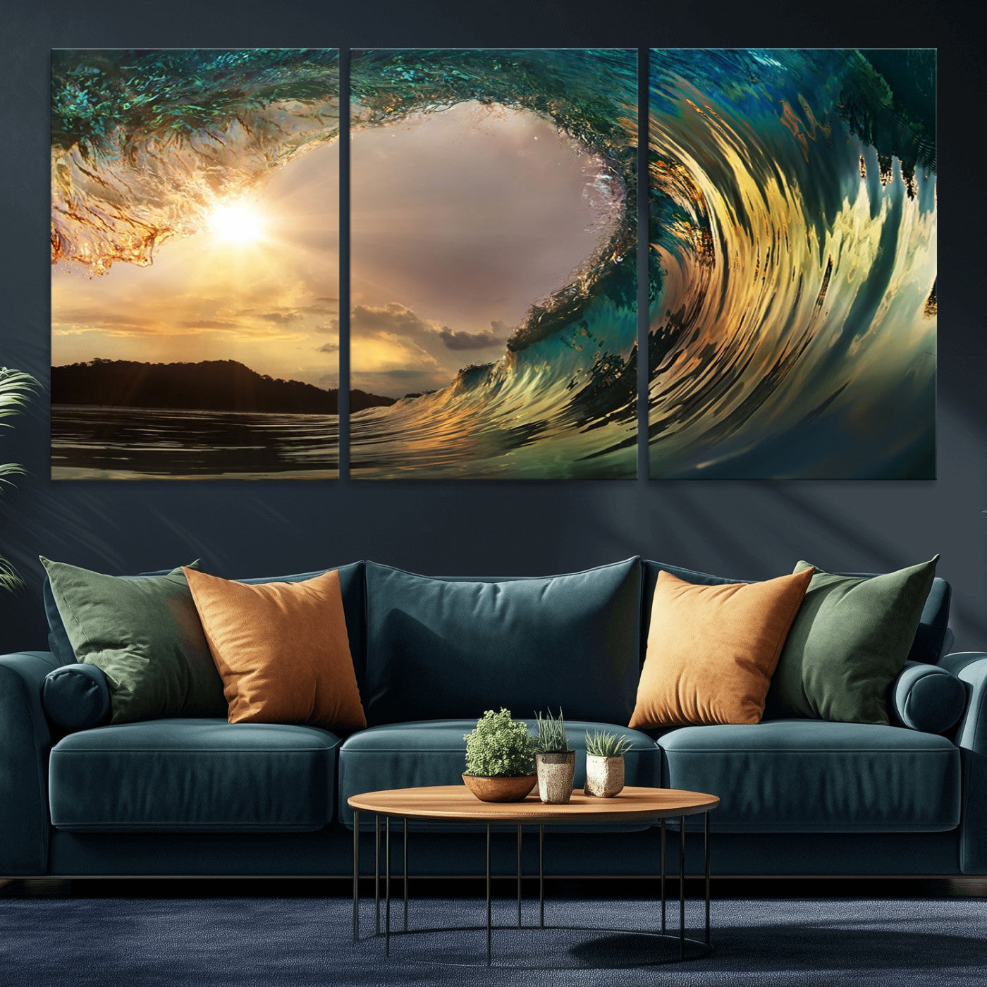 MGV-CV-60X30-3P - Golden Wave Sunset Giclee Canvas Print – Large Coastal Wall Art for Nature Lovers, Captivating Ocean Wave Decor