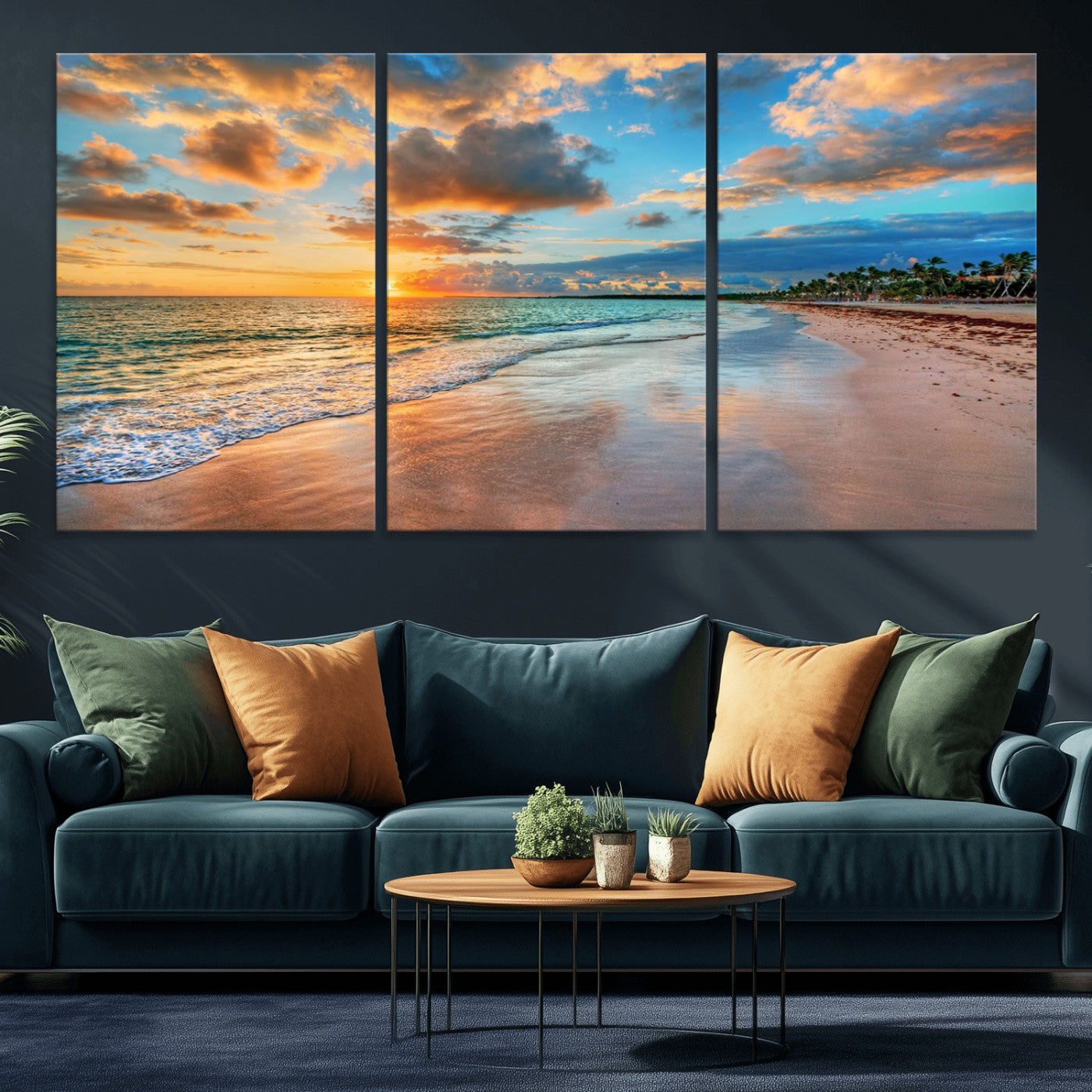 MGV-CV-60X30-3P - Sunset Ocean Waves on Tropical Beach, 3-Panel Giclee Canvas Art for Coastal Home Decor, Vibrant Palm-Lined Shore