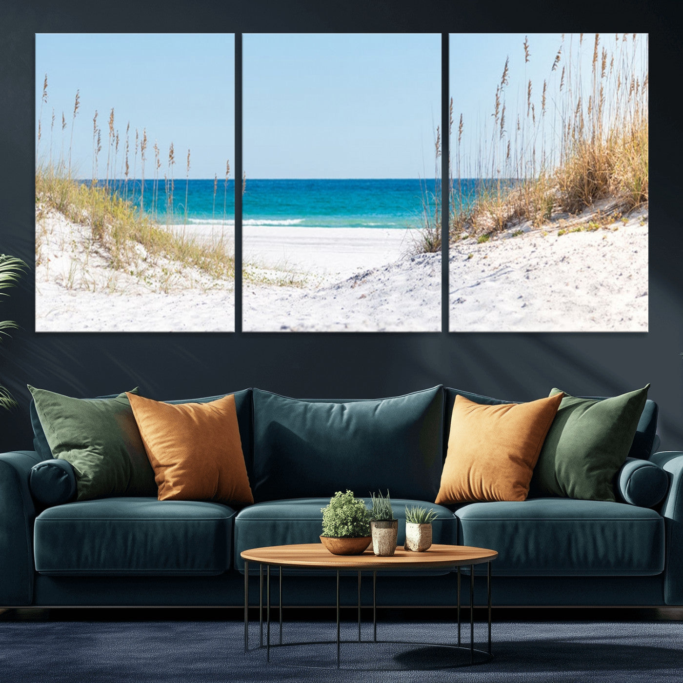 MGV-CV-60X30-3P - Serene Coastal Dune Path with Ocean View, 3-Panel Beach Canvas Wall Art, Tranquil Seascape Giclee Print, Gallery Wrap, Perfect for Coastal Home Decor