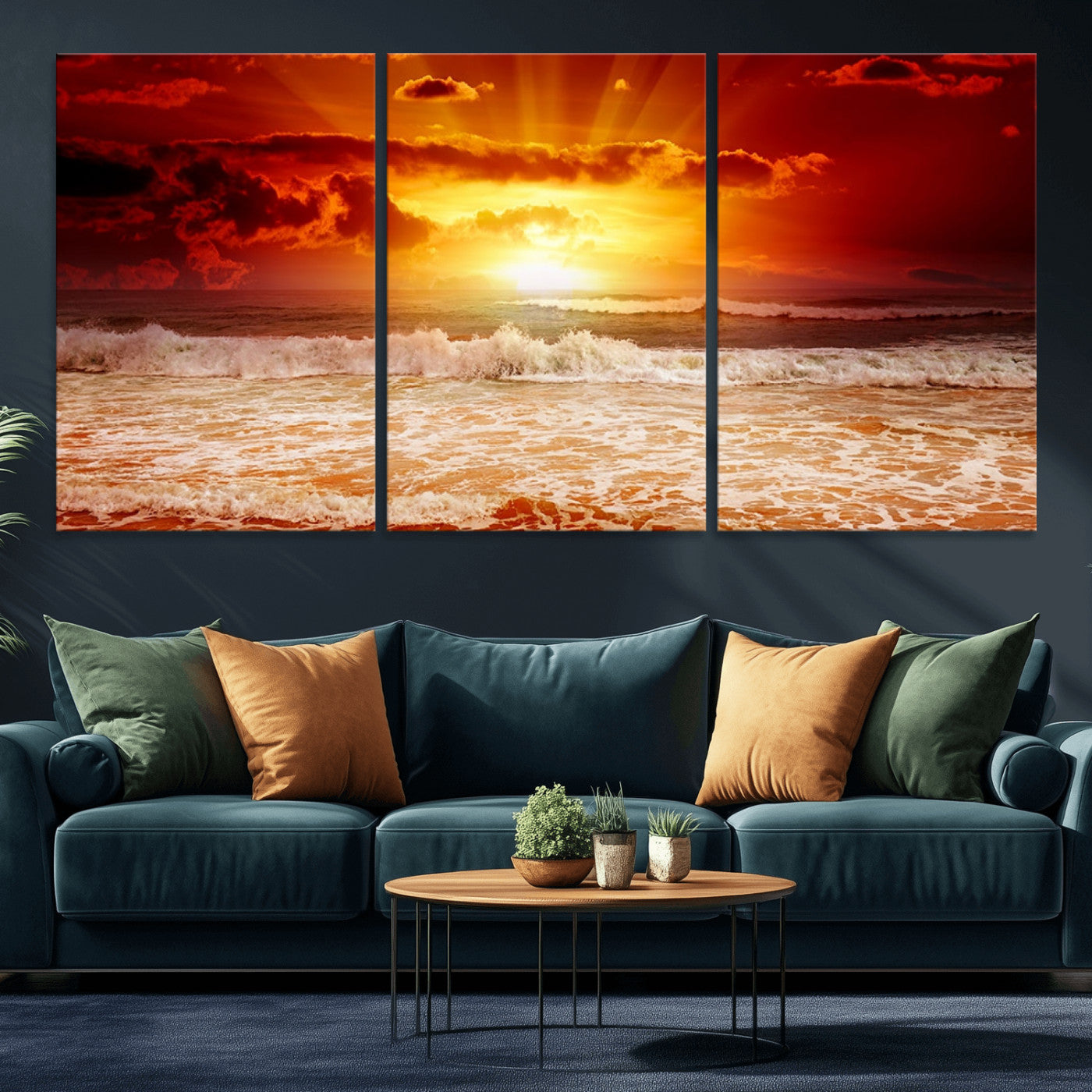 MGV-CV-60X30-3P - Red Sunset Ocean Beach Canvas Wall Art Beach Canvas, Coastal Sunset Print