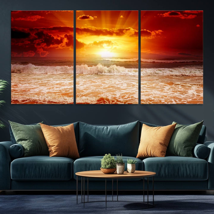 The Red Sunset Ocean Beach Canvas depicts ocean waves.