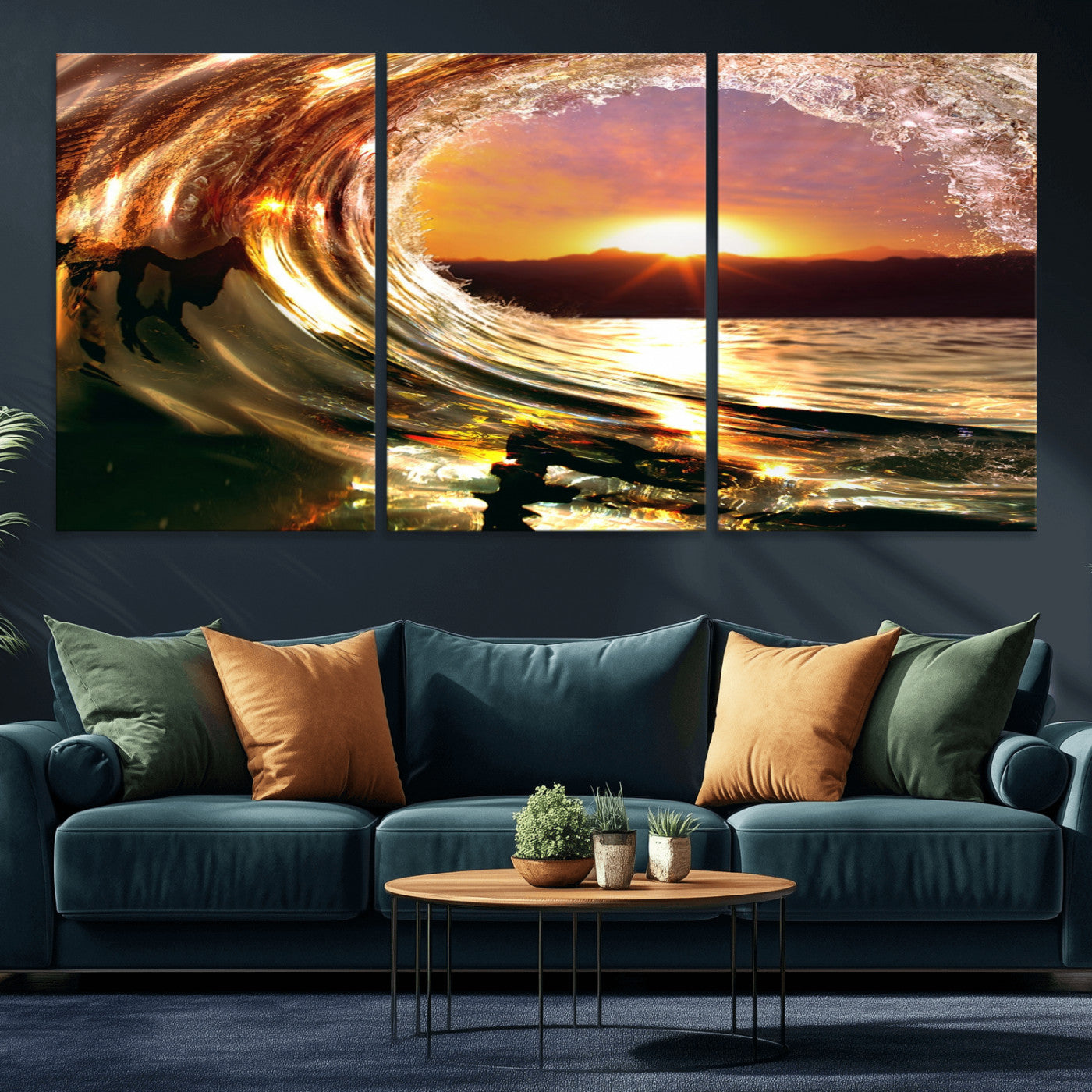 MGV-CV-60X30-3P - Golden Wave Sunset Triptych Canvas Art, Giclee Canvas Print of Ocean Wave and Sunset, Framed Ocean