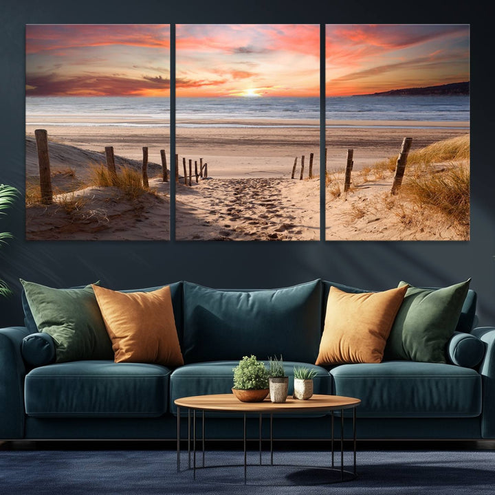 The Sunset on the Sea Wall Art Canvas Print beautifully captures a beach sunset and waves, enhanced with a UV-protective coating.