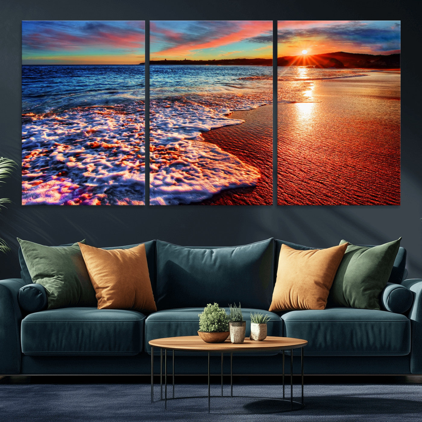 MGV-CV-60X30-3P - Colorful Coastal Sunset on the Beach Canvas Print, Ocean Waves Crashing at Dusk, Multi-Panel Seascape Vibrant Coastal Wall Art Canvas Print