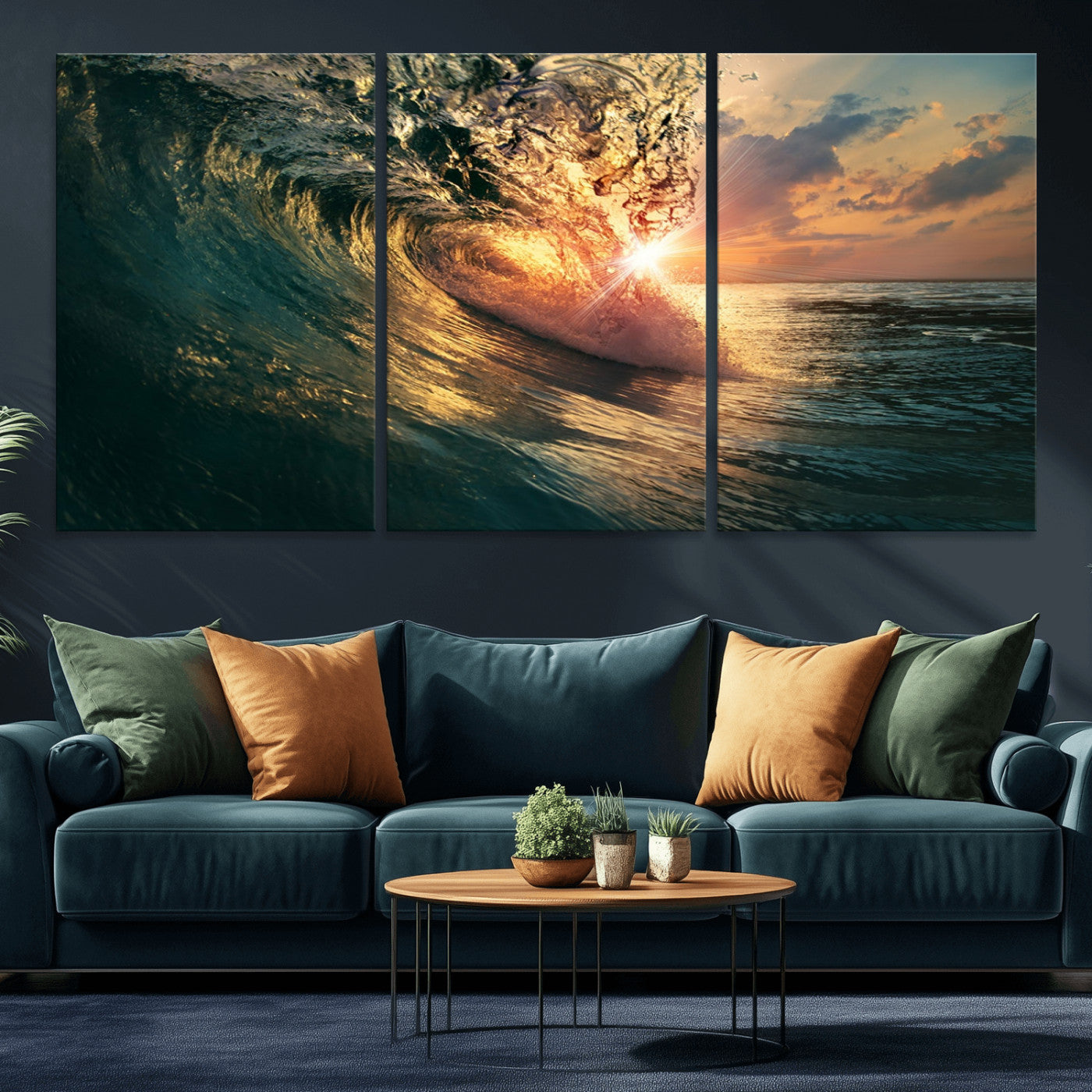 MGV-CV-60X30-3P - Ocean Wave Sunset Canvas Wall Art – Triptych Seascape Print – Framed and Ready to Hang for Living Room or Office