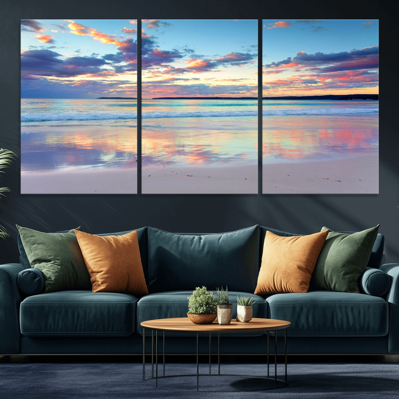 MGV-CV-60X30-3P - Tranquil Pastel Sunset Beach Triptych Canvas Art, Soothing Coastal Ocean Shoreline Giclee Print, Beach Reflections Wall Decor for Serene Spaces