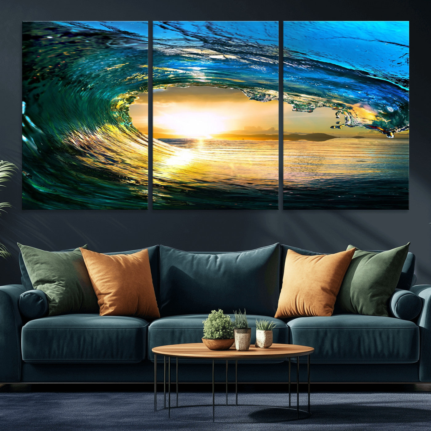 MGV-CV-60X30-3P - Ocean Wave at Sunset Canvas Art, Large Wall Print of Vibrant Water Waves, Coastal Art for Living Room and Dining Room