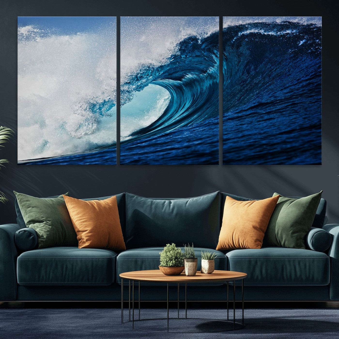 MGV-CV-60X30-3P - Ocean Wave at Sunset Canvas Art, Large Wall Print of Vibrant Water Waves, Coastal Art for Living Room and Dining Room Decor