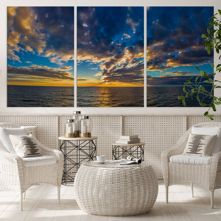 Dramatic Ocean Sunset Canvas Art, Panoramic Seascape Wall Art, Giclee Canvas Print with Canon Quality for Coastal Decor